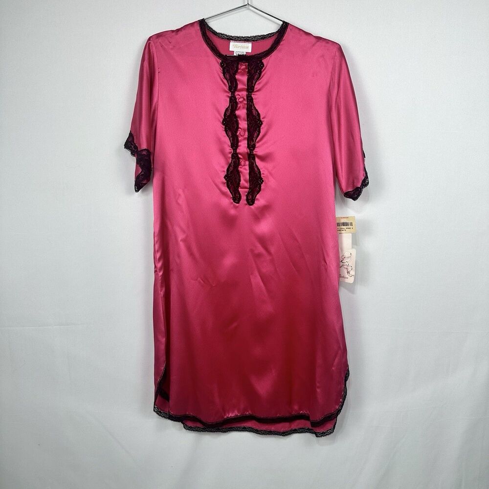 Bright Neon Pink/Black Lace Night Gown Vintage Women's Medium